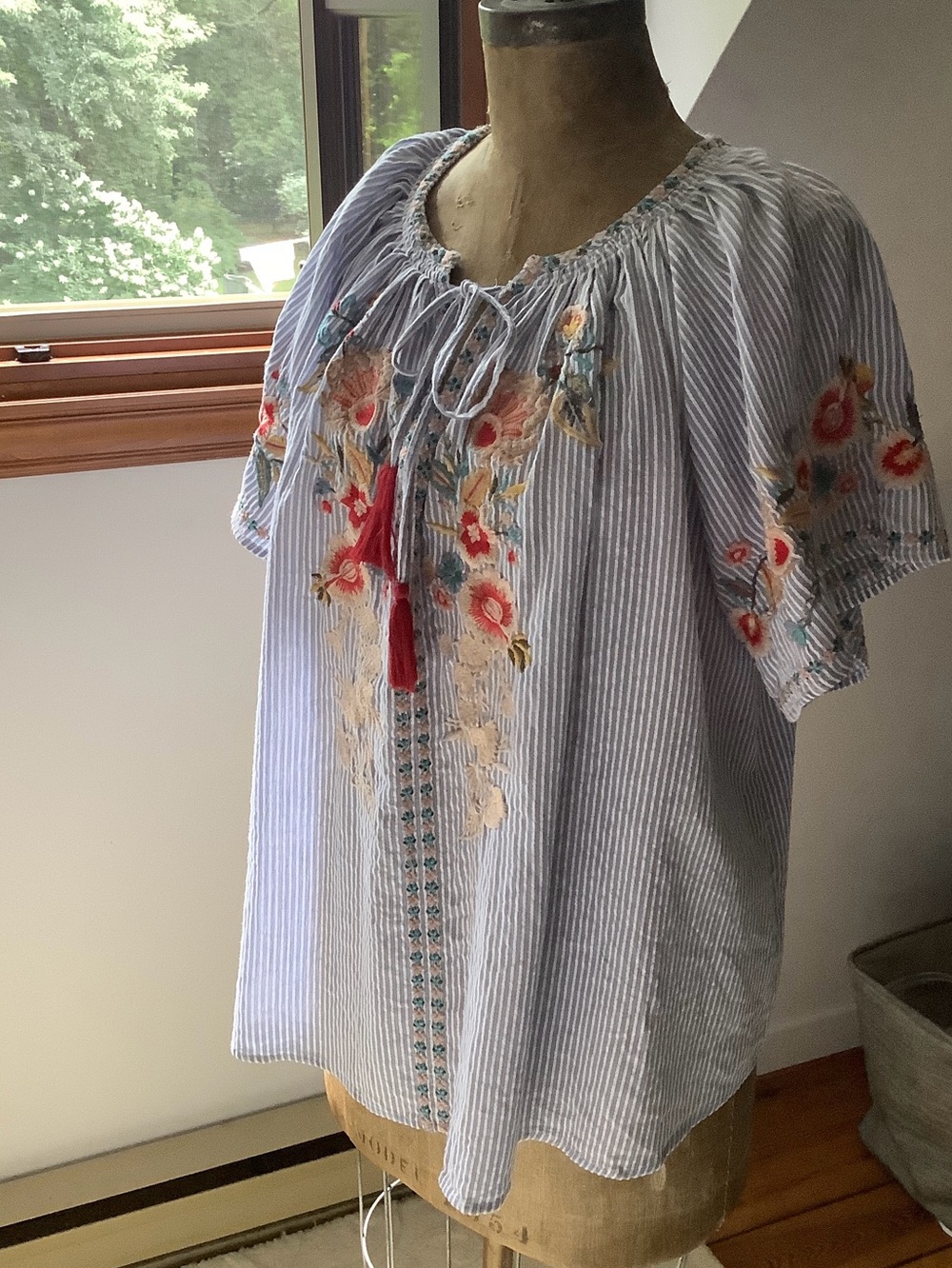 Blue Striped Embroidered Peasant Blouse with Red Tassels